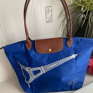 Longchamp LE PLIAGE Travel Tote Bag Large Paris Eiffel Tower Blue NEW CONDITION
